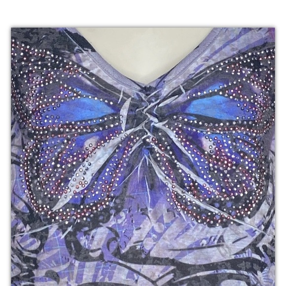 Apt. 9 Juniors Studded Butterfly Shirt Top M Multicolored 3/4 Sleeves V-Neck - Picture 3 of 9